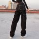 thumbnail image 3 of Black S Street Trendy Bolsillos grandes cosidos Color de contraste Slim Casual Jeans rectos para mujer (Video), 3 of 8