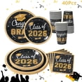 thumbnail image 2 of Disposable Graduation Tableware Set Black Gold PRYESS, Graduation Tableware Set Disposable Party Kit Grad Plates for Graduation, Party, Tableware, Class of 2026, 2 of 7