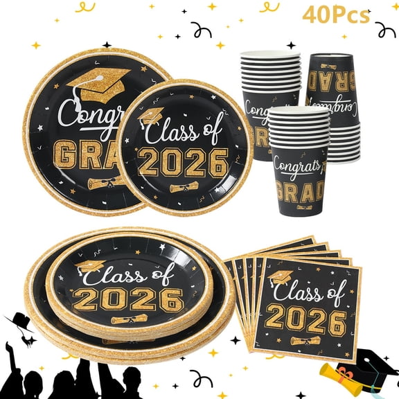 Class Of 2026 Black & Gold Graduation Tableware Set Disposable Paper Plates Cups Napkins Kit for Graduation Celebrations