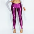 thumbnail image 5 of OFENTI Metallic Shiny Leggings - Mid Waist Faux Leather Footless Tights Pants Wet Look Skinny Glamour Purple 1X, 5 of 6