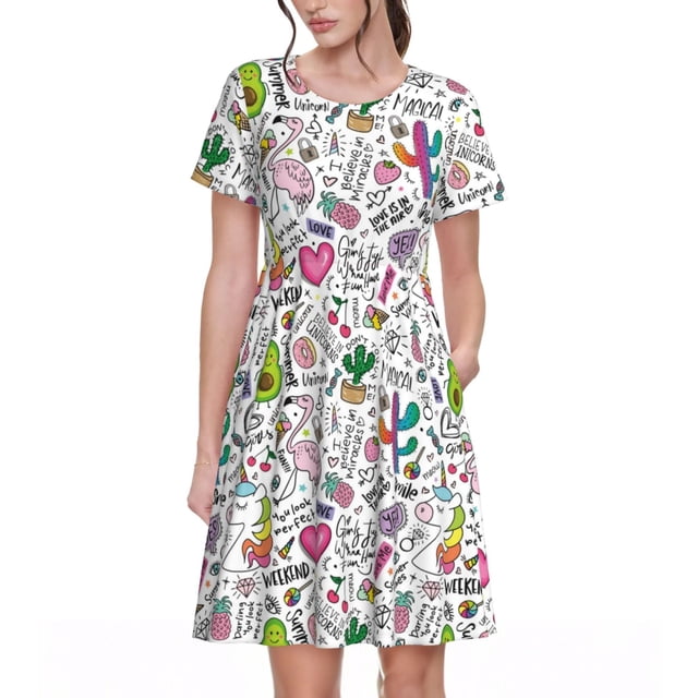 Disketp Fun Animal with Unicorn para Vestido de Manga Corta para Mujeres, Vestidos de Verano para Mujeres, Casual y Holgado para la Playa