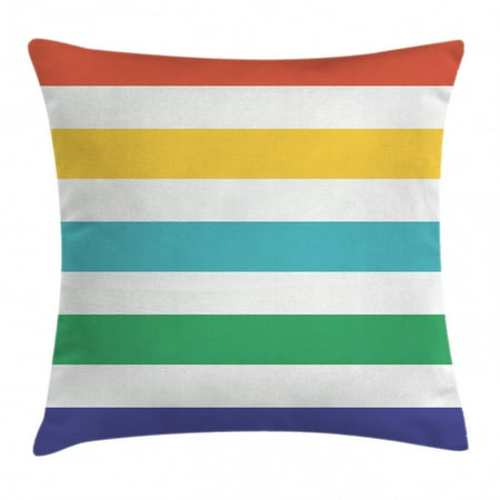 Striped Throw Pillow Cushion Cover Rainbow Colored And White Fun