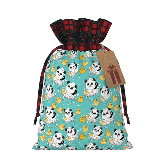 Honeii Panda Bathing In The Bath Print Small Burlap Bags,Christmas Drawstring Treat Bags Gift Bags Reusable Candy Goodie Wrapping Bags for Holiday Party Favors Supplies -Black