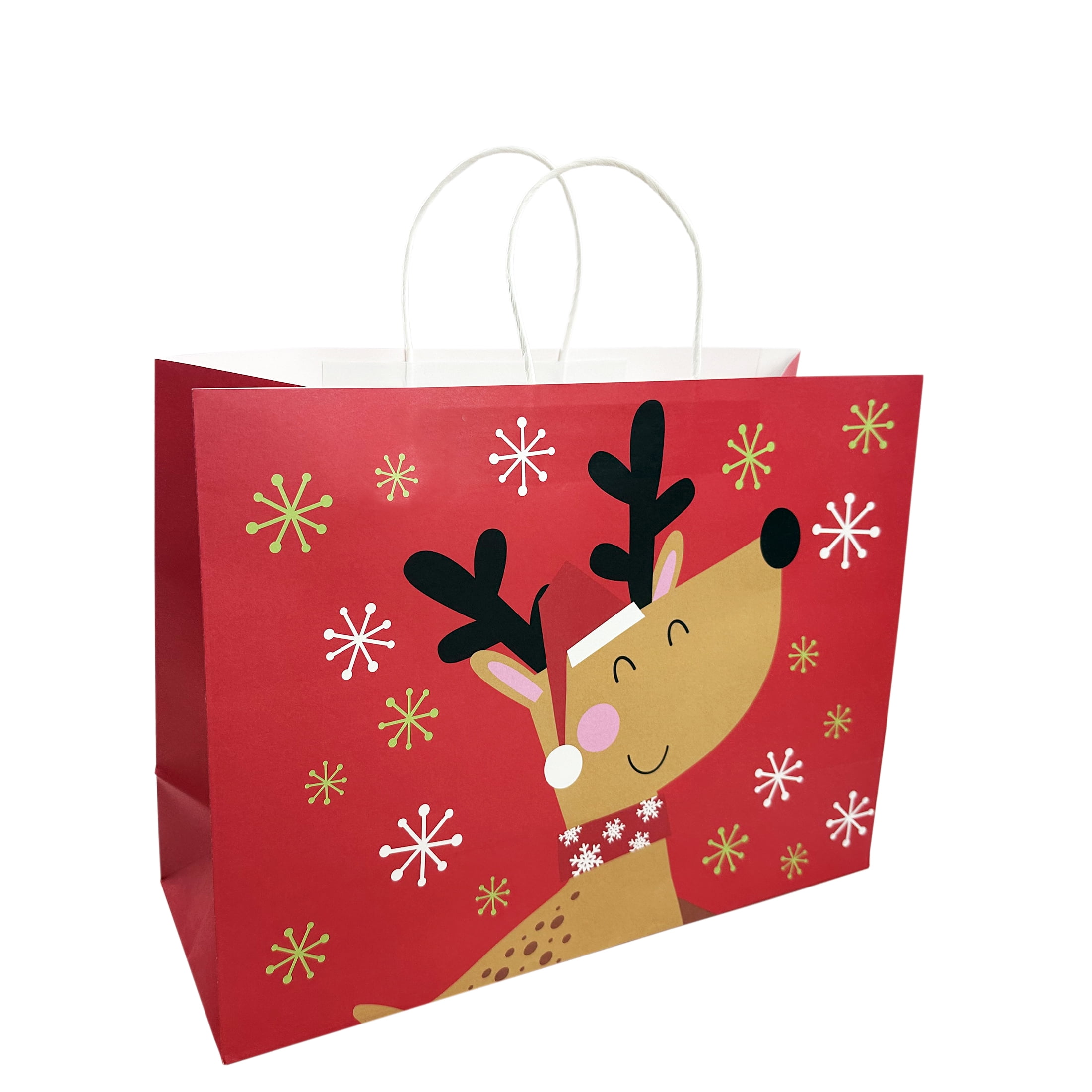 Holiday Time Christmas Gift Paper Bag, XLarge, Santa, Reindeer, Snowflake, Hohoho, 16x6x12in