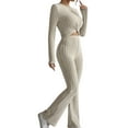 thumbnail image 3 of Women'S 2 Piece Casual Ribbed Knit Crew Neck Stretch Long Sleeve T-Shirt and Flare Pants Set S, 3 of 9