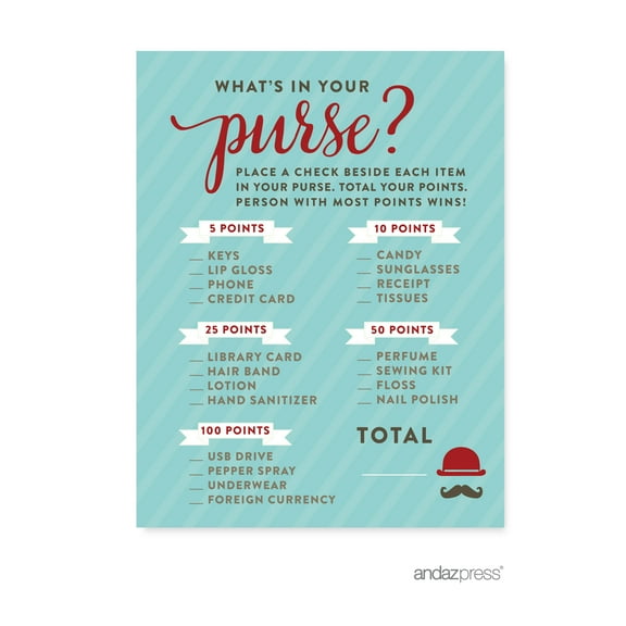 What's In Your Purse?  Lil Man Mustache Boy Baby Shower Games, 20-Pack