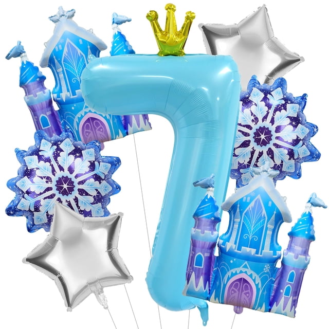 Set de globos para fiesta de cumpleaños número 7 Gretion con copos de nieve invernales