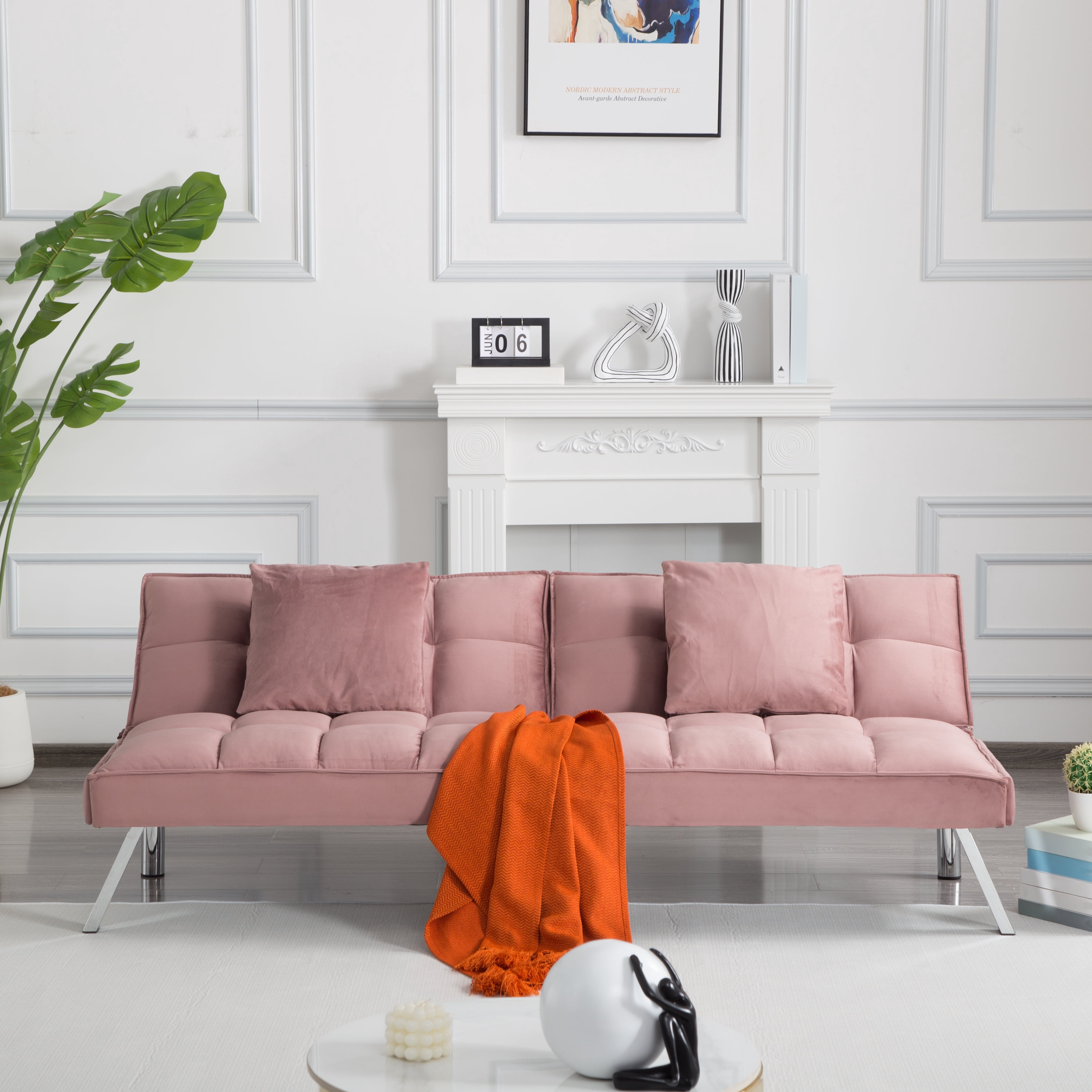 Gewnee Modern Velvet Futon Sofa Bed,67.7" Convertible Sleeper Sofa Bed with Throw Pillows，5 Adjustable Backrest Angles,Loveseat for Small Place,Pink