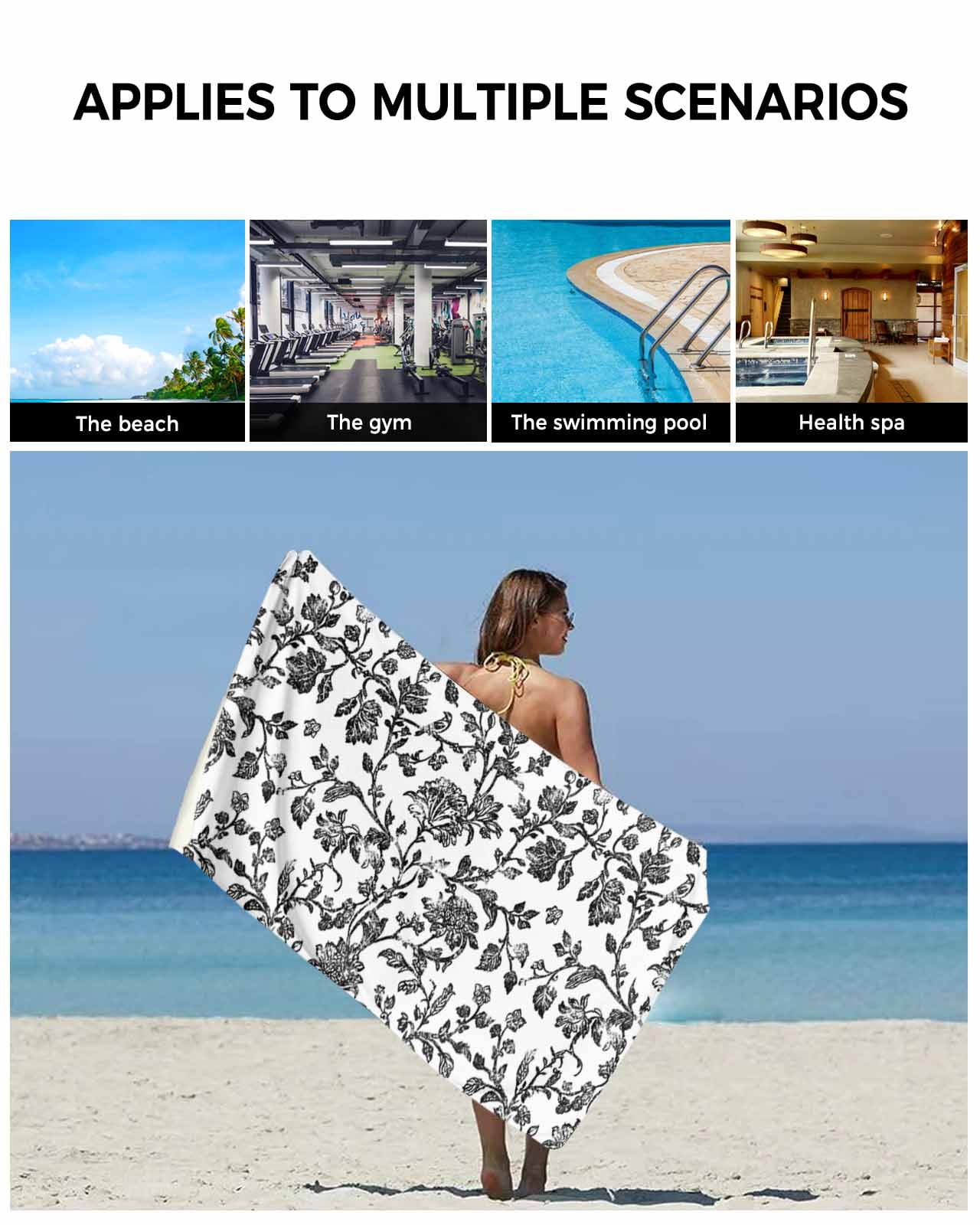 Black Flower Bath Towels for Bathroom Set,Luxury Microfiber Towels Gifts for Women,Beach Kitchen Hand Hair Face Towel and Dish Washcloth,Vintage Farmhouse Boho Leaf Spring Plant Towels+Set