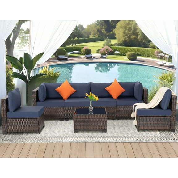 FHFO 7 Pieces Outdoor Patio Sectional Sofa Couch,PE Wicker Furniture Conversation Sets with Washable Cushions & Glass Coffee Table for Garden, Poolside, Backyard (Brown Wicker/Blue Cushion)