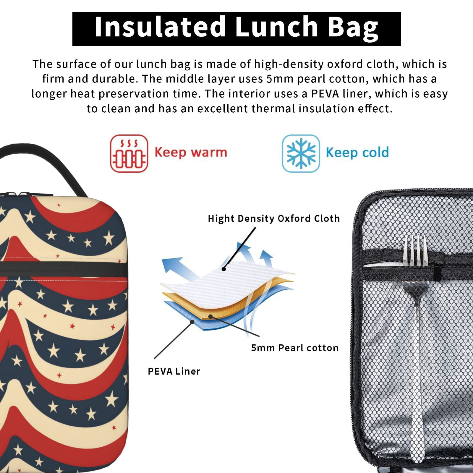 Lunch Bag For Women Men Insulated Portable Lunch Box Bento Box Office Picnic Travel Cooler Bag Independence Day Theme Star (6)