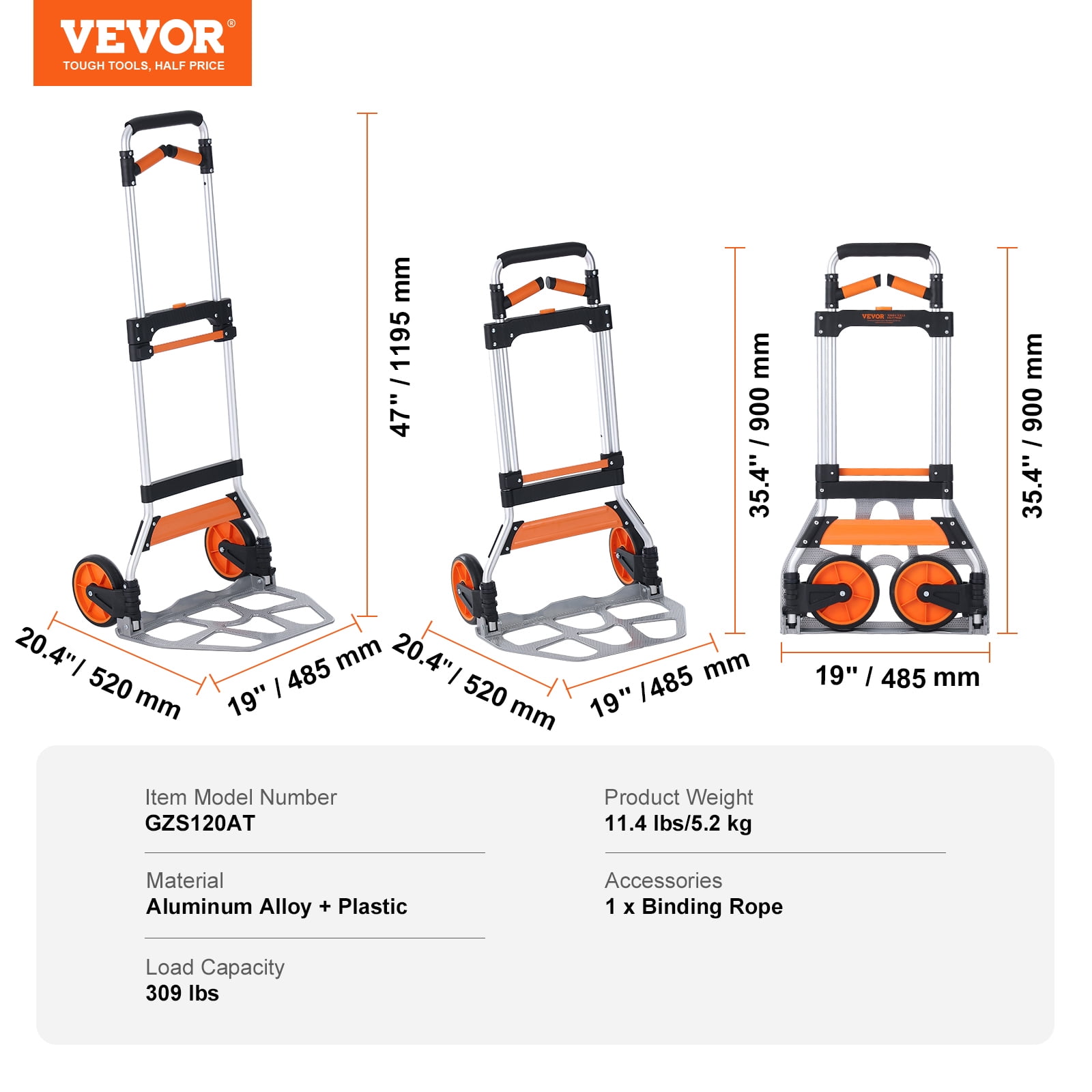 VEVOR Folding Hand Truck, 309 lbs Load Capacity, Aluminum Portable Cart, Convertible Hand Truck and Dolly with Telescoping Handle and PP+TPR Wheels, Ultra Lightweight Super Strong