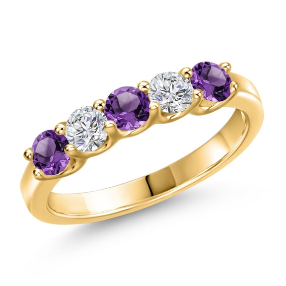 Gem Stone King 18K Yellow Gold Plated Silver Purple Amethyst and Lab Grown Diamond Wedding-Bands Ring for Women | 0.82 Cttw | Round 3.5MM | Gemstone February Birthstone | Size 8