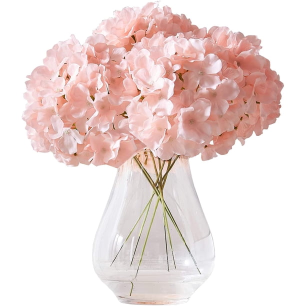 XmhyTop Flores artificiales de hortensia con tallos rosados, 10 flores de seda de hortensia falsas para centros de mesa de boda, ramos de bricolaje, decoración floral para el hogar con tallos