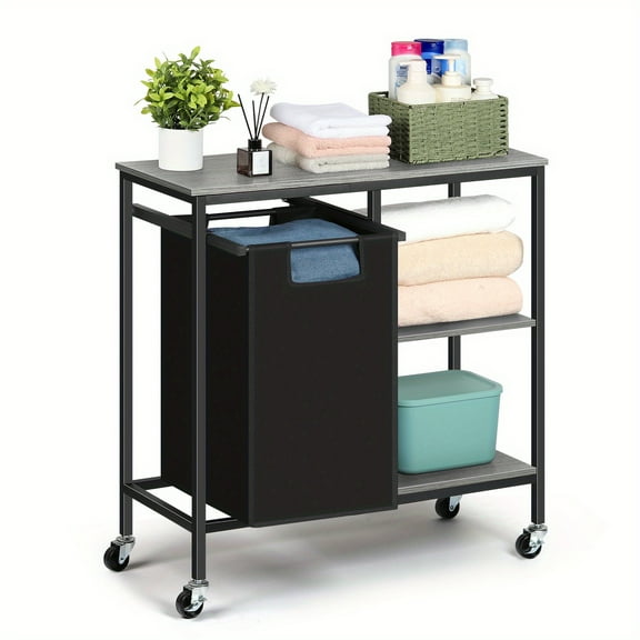 Metal Laundry Basket Cart - Bathroom Utility Cart with Three Shelves with One Removable Clothes Bag/ Dirty Laundry Basket with Shelves for Laundry Room, Bathroom, Black, Laundry Baskets