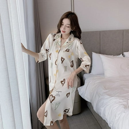 

PIKADINGNIS Stain Nightdress for Women Short Sleeve Spring Summer Bow Nightgowns & Sleepshirts Women Sleepwear Shirt Buttons Outwear Pjs
