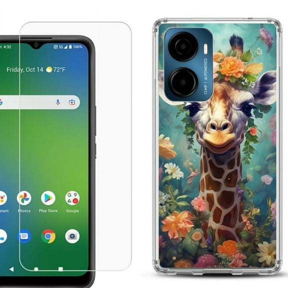 For Cricket Magic 2 5G Phone Case Cover, Shockproof Bumper Hybrid Case with Tempered Glass Screen Protector, by OneToughShield - Giraffe Flower
