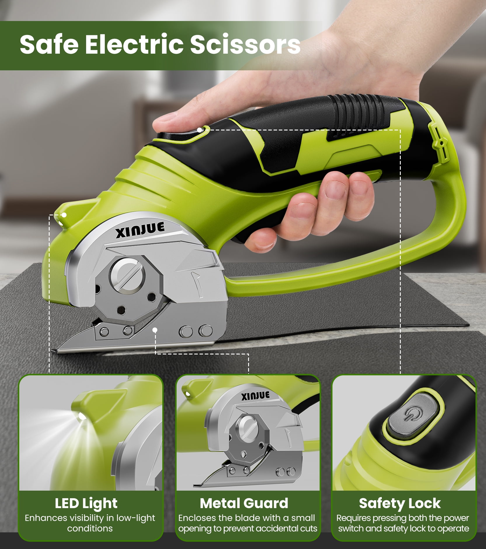 Cordless Electric Scissors, Cardboard Box Cutter Heavy Duty, 4V Rechargeable Power Rotary Cutter with Safety Lock & LED Light for Fabric, Carpet, Paper or Leather, Orange