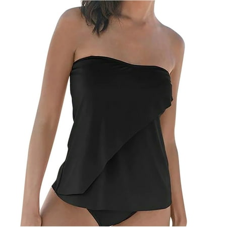 Hfyihgf Two Piece Tankini Bathing Suits for Women Strappy Bandeau Swim Top with Bikini Bottom Flowy Tummy Control Swimsuit(Black M)