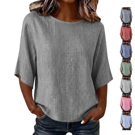 TGSLY Women's Stripes Linen Tops Lightweight Soft Crew Neck Elbow-Length Sleeve Blouses Relaxed Fit Dressy Casual Curved Hem Shirts XXL