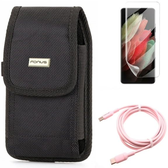 Case Belt Clip & Matte Screen Protector & Pink 10ft Long Cable for Samsung Galaxy S21 Ultra Phone - Swivel Holster & TPU Film Anti-Glare & USB-C to Type-C PD Fast Charger Accessory Bundle