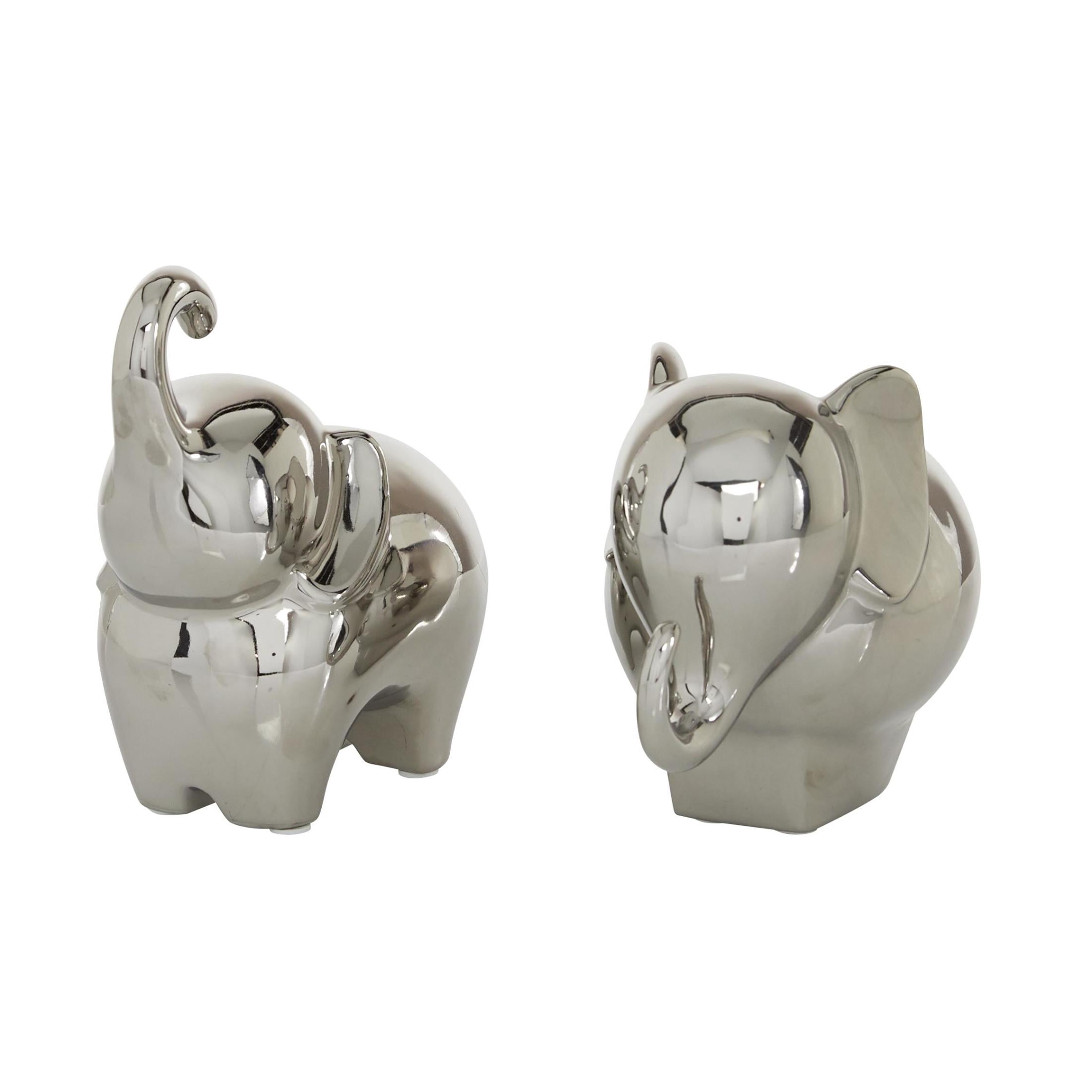 6", 7"H Silver Porcelain Ceramic Elephant Sculpture, by DecMode (2 Count)