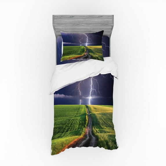 Ambesonne Summer Bedding Set 3 Pcs, Solar Energy Storm Field, Twin, Green Blue