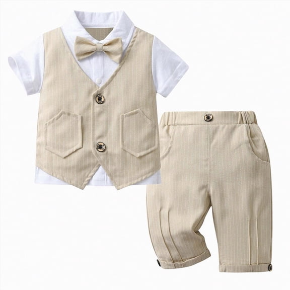 Baby Boys Gentleman Formal Outfits Toddler Boy Summer Wedding Pinstripe Vest Suit Kids Clothing Sets