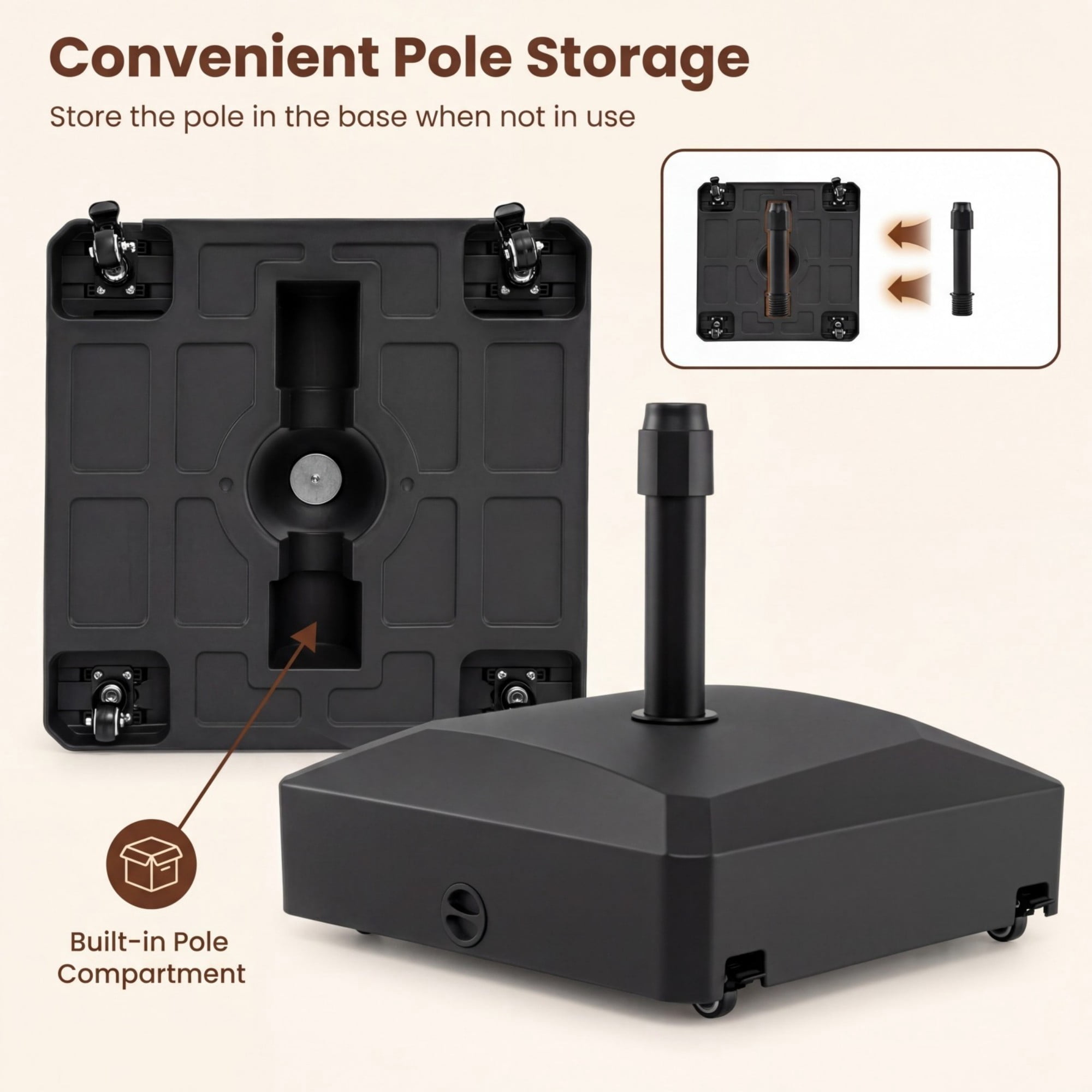ELLEGNT Fillable Patio Umbrella Base - 176 lbs, 4 Mobile Wheels + 2 Locks, Fits 1.4-1.9" Pole