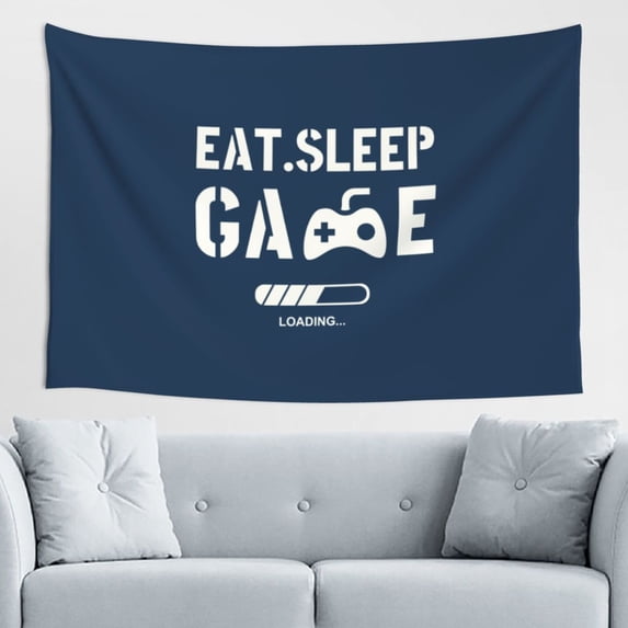 DouZhe Blue White Eat Sleep Game Slogans Tapestry Modern Wall Hanging Tapestries Dorm Room Home Decor, 60" x 40"