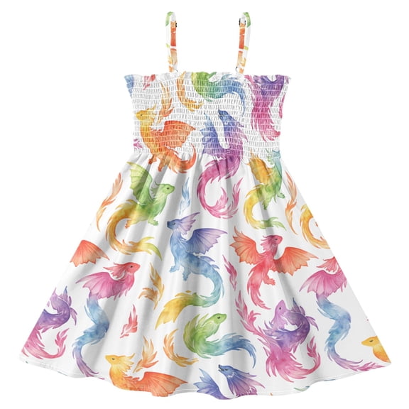 joogoo Girls' Dragon Fire Rainbow Print Cami Dress Kids Sleeveless Smocked A-Line Sundress for 5-6 Years Casual Summer Swing Dresses