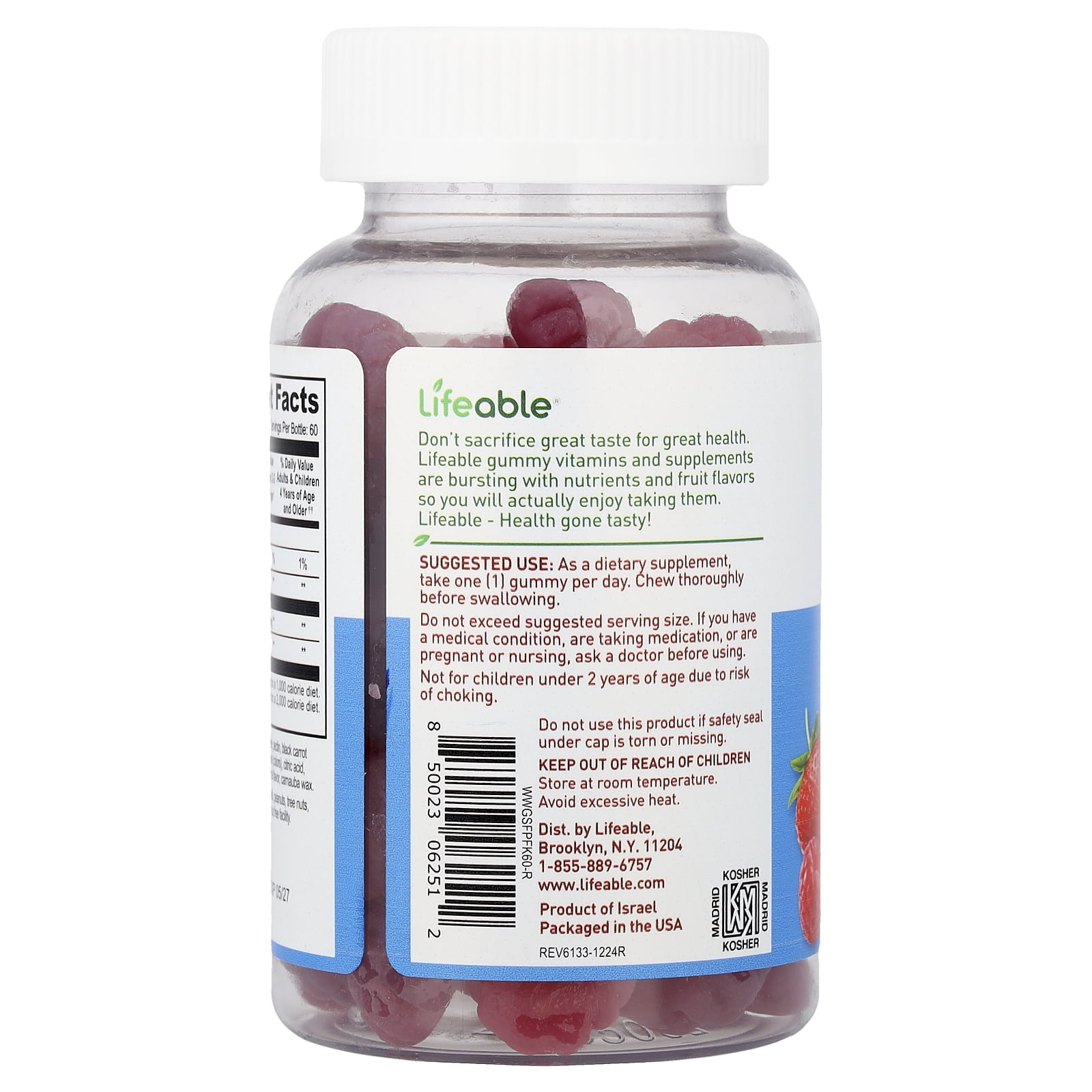 Lifeable Kids, Probiotic with Probiotic Fiber Gummies, Sugar Free, Berry, 60 Gummies
