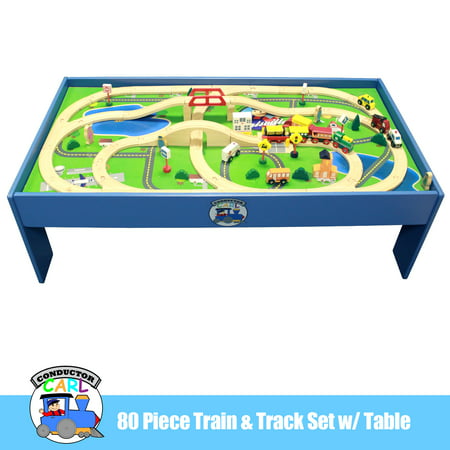 Conductor Carl 80-piece Wooden Toy Train Table, Playboard, and Train