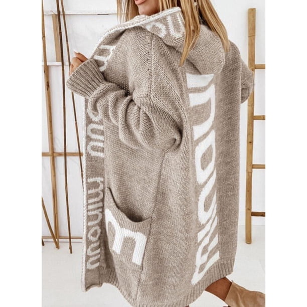 Suéter de punto de Europa y América de Suxin para otoño e invierno, cárdigan de longitud media para mujer, suéter de punto con capucha y letras con personalidad suelta