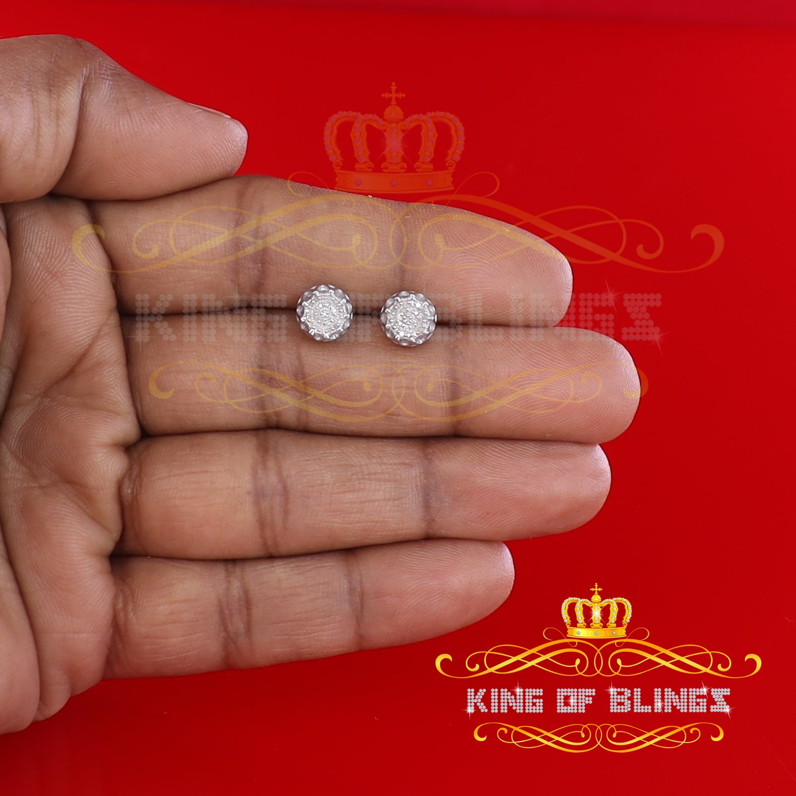 King of Bling's 925 Sterling Silver 0.12ct Diamond For Women's/ Men's White Stud Round Earrings