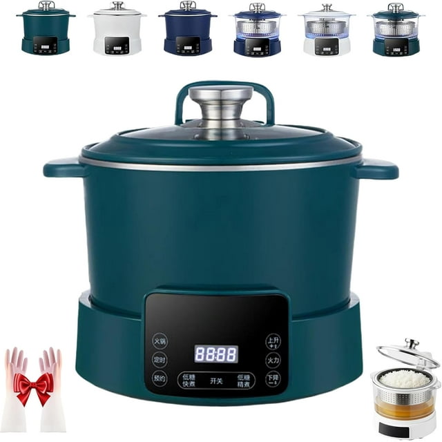Rice Soup Separation Electric Cooker, Non-stick Pan & Rices Soup Separate, 3L Low Carb Rice Cooker with Reservable-Timable and Liftable Filter Basket, for Rices, Ramen, Hot Pot (Green,Stainless Steel
