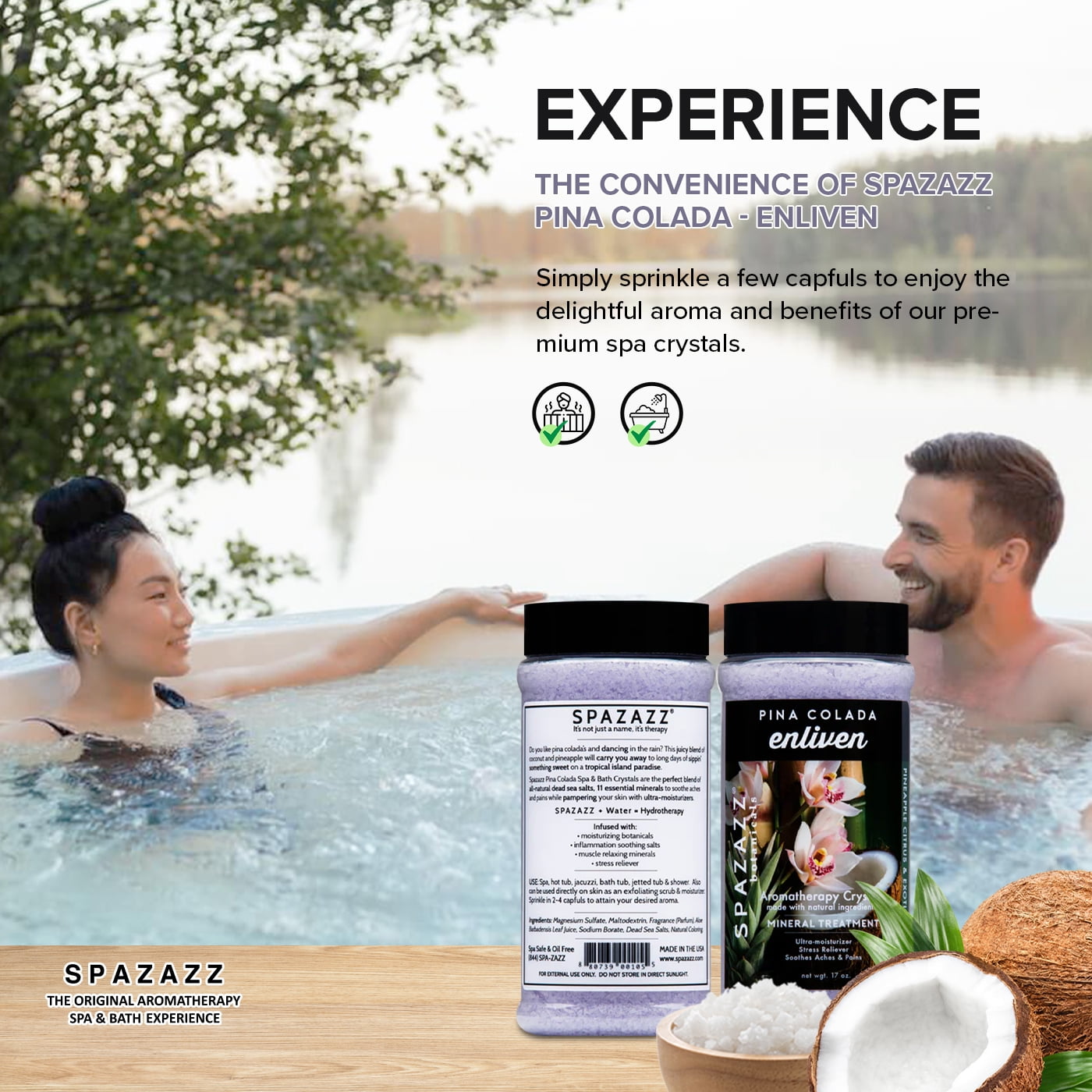 Spazazz Hot Tub Aromatherapy Pina Colada Enliven 2 Pack - 17 oz Each. Crystals and Bath Salts for Hot Tub and Bathtub Spa - Aromatherapy Scented Salts for Relaxation!