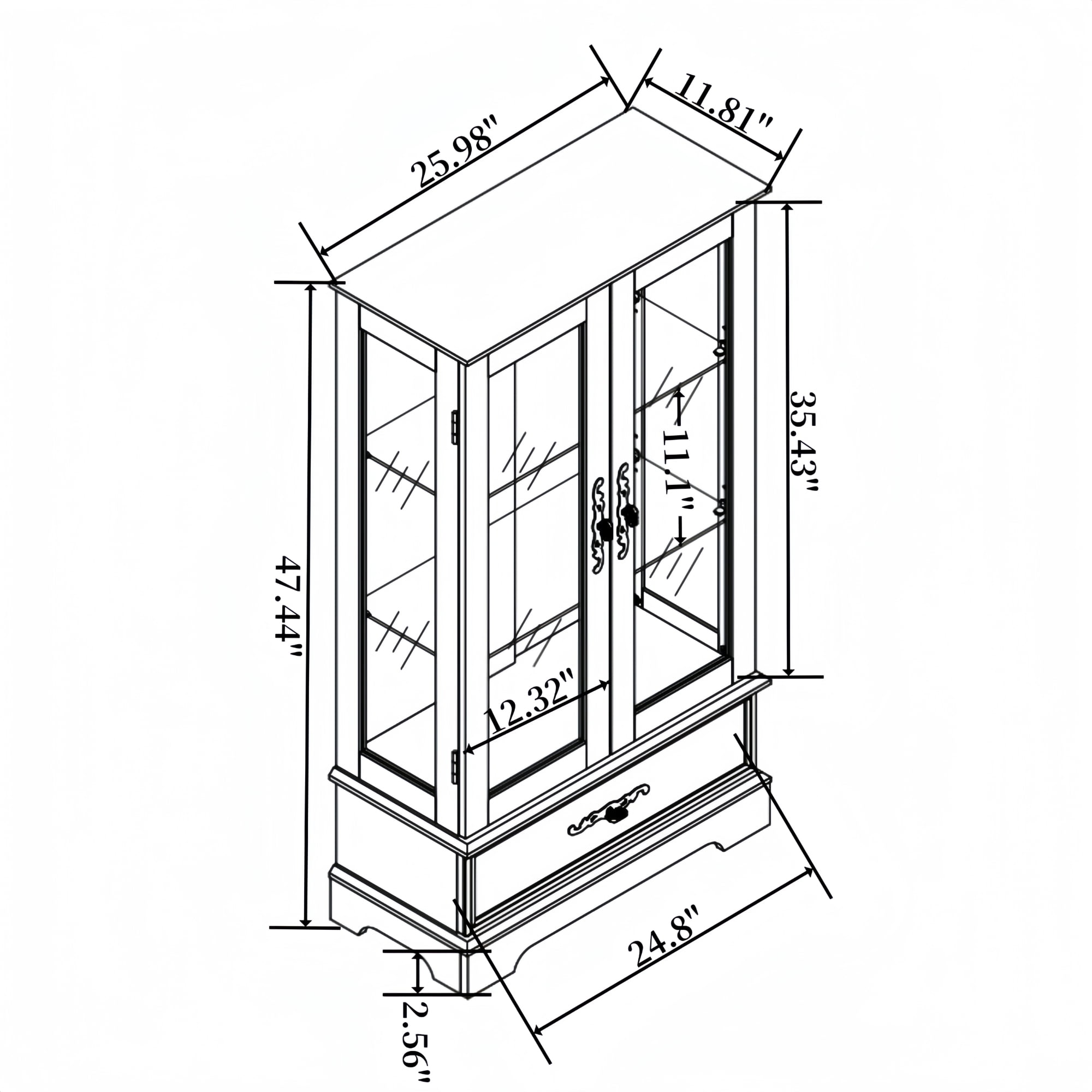 Leumius Glass Cabinet Lighted Glass Cabinet Curio Display Cabinet with Adjustable Glass Shelves 2 Doors and 1 Drawer for Living Room, Kitchen, Dining Room Dark Oak