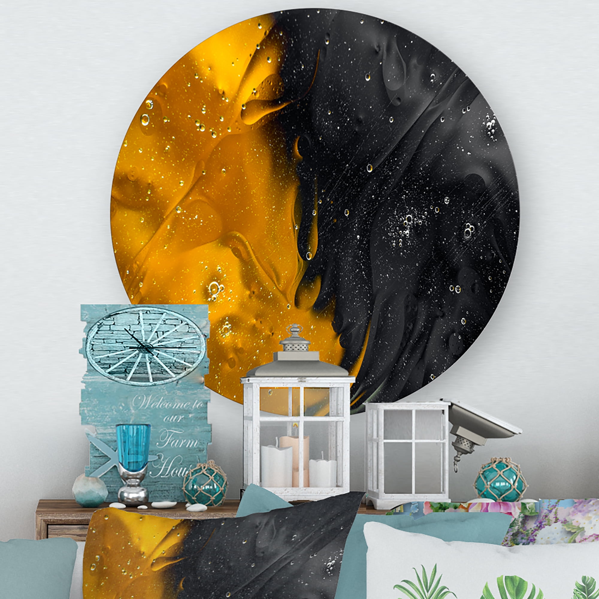 Designart 'Marriage of Black and Yellow' Modern Circle Metal Wall Art 11x11 - Disc of 11