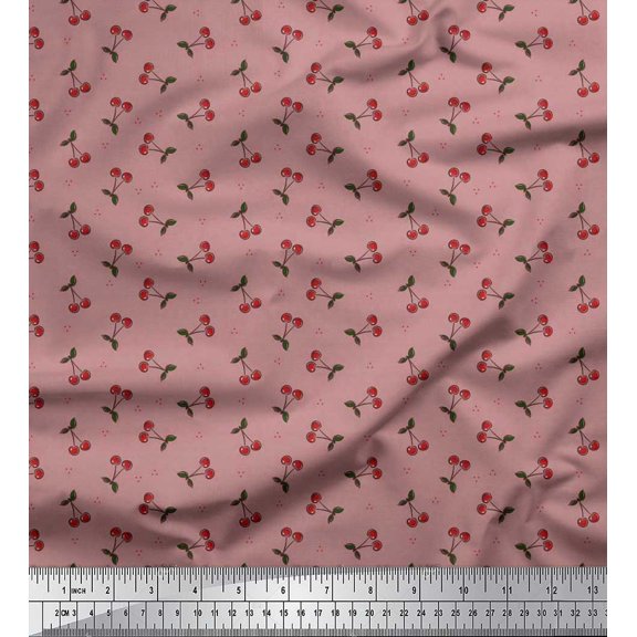 Soimoi Polyester Crepe Fabric Dot,Leaves & Cherry Fruits Print Fabric by Yard 42 Inch Wide