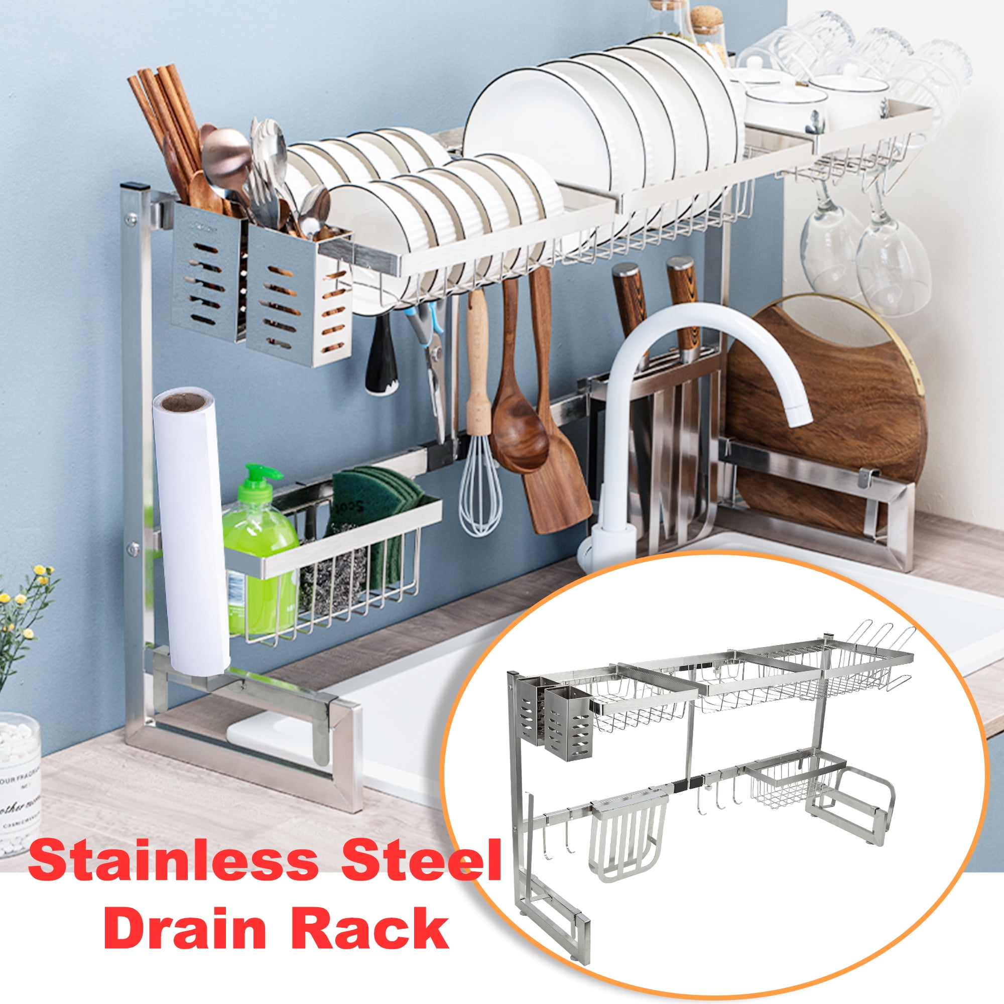 Retractable Over Sink Rack Dish Drying Rack Drain Stainless Steel
