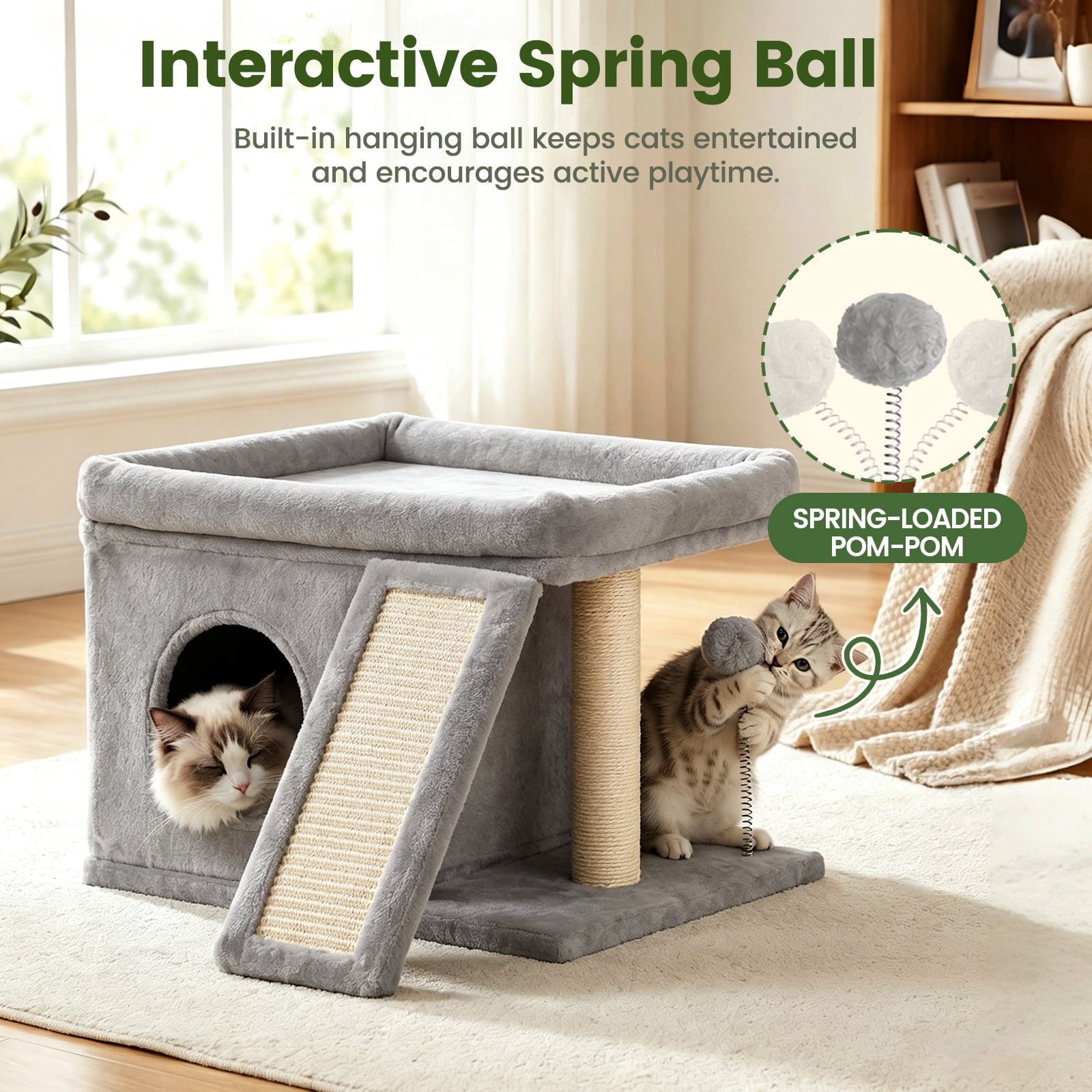 Cat Tree Tower with Perch Bed and Washable Top, Cat Tree with Sisal Scratching Posts, Condos, Plush Perches, Hanging Cat Toys, Extended Platform for Cats to Play and Sleep, Gray