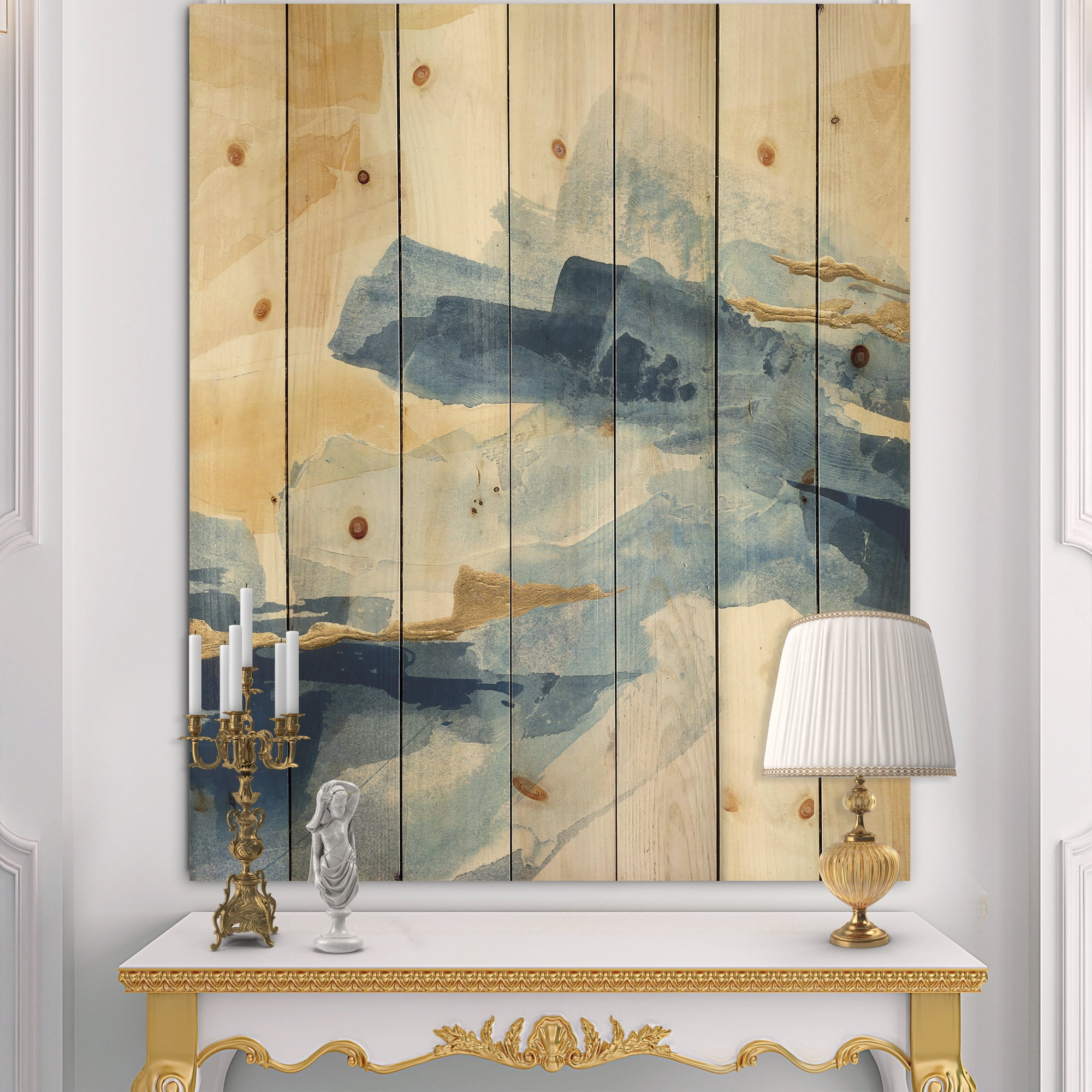 Designart 'Metallic Gold Indigo II' Modern Glam Print on Natural Pine Wood