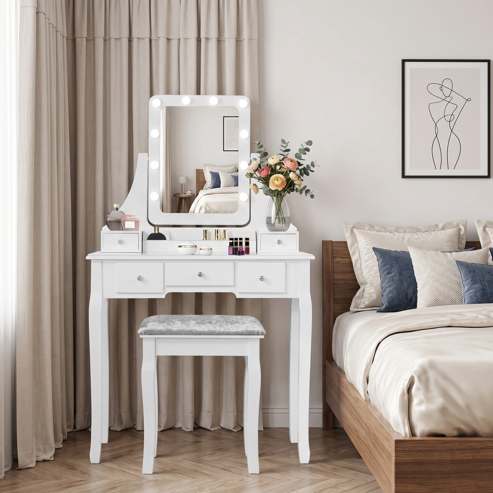 Furnibear Vanity Dressing Table Set with 10 Dimmable Bulbs and Cushioned Stool, 5 Drawers, Rotating Makeup Mirror for Bedroom, White