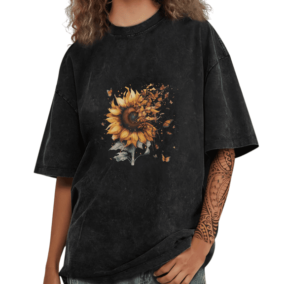 Black Washed Print Tshirt Graphic Tees Shirts Sunflower Burst Vintage Fashion Wear S-2XL Tops