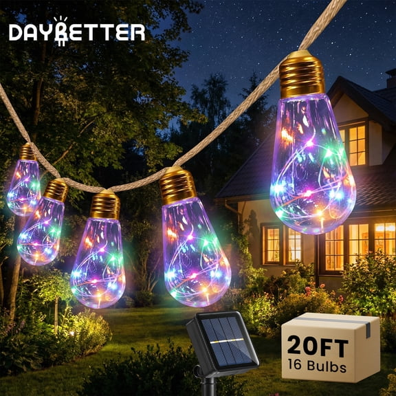 DAYBETTER Vintage Rope Hemp Solar Lights, 20FT Outdoor String Lights, with 16 Waterproof Bulbs, 8 Modes Shatterproof for Backyard Gazebo Porch Garden Decor(Multicolor)