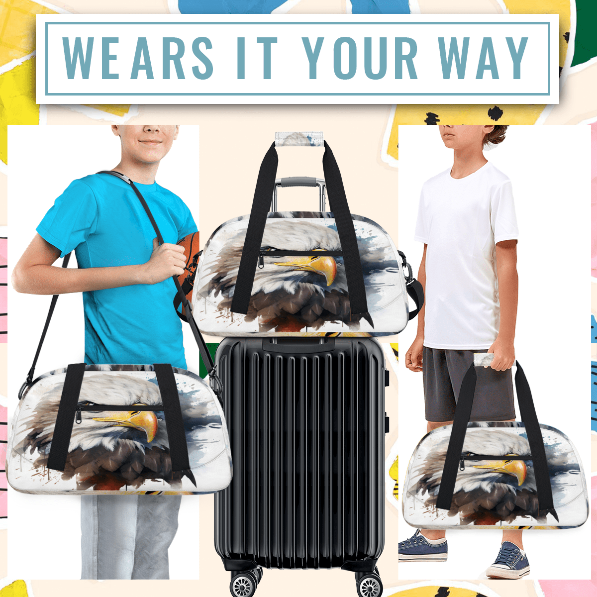 Herdesigns America Eagles Sports Duffle Bag for Women & Men, 4th of July Birds Gym Bag Dance Bag Overnight Bag Carry On Weekender Travel Bag