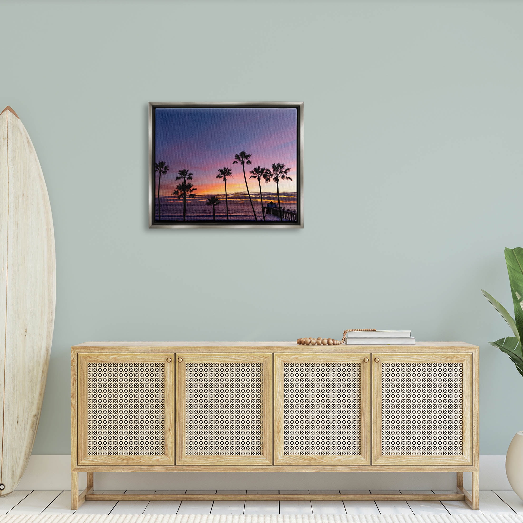 Vivid Sunset Palm Trees Horizon Coastal Photograph Luster Gray Framed Art Print Wall Art