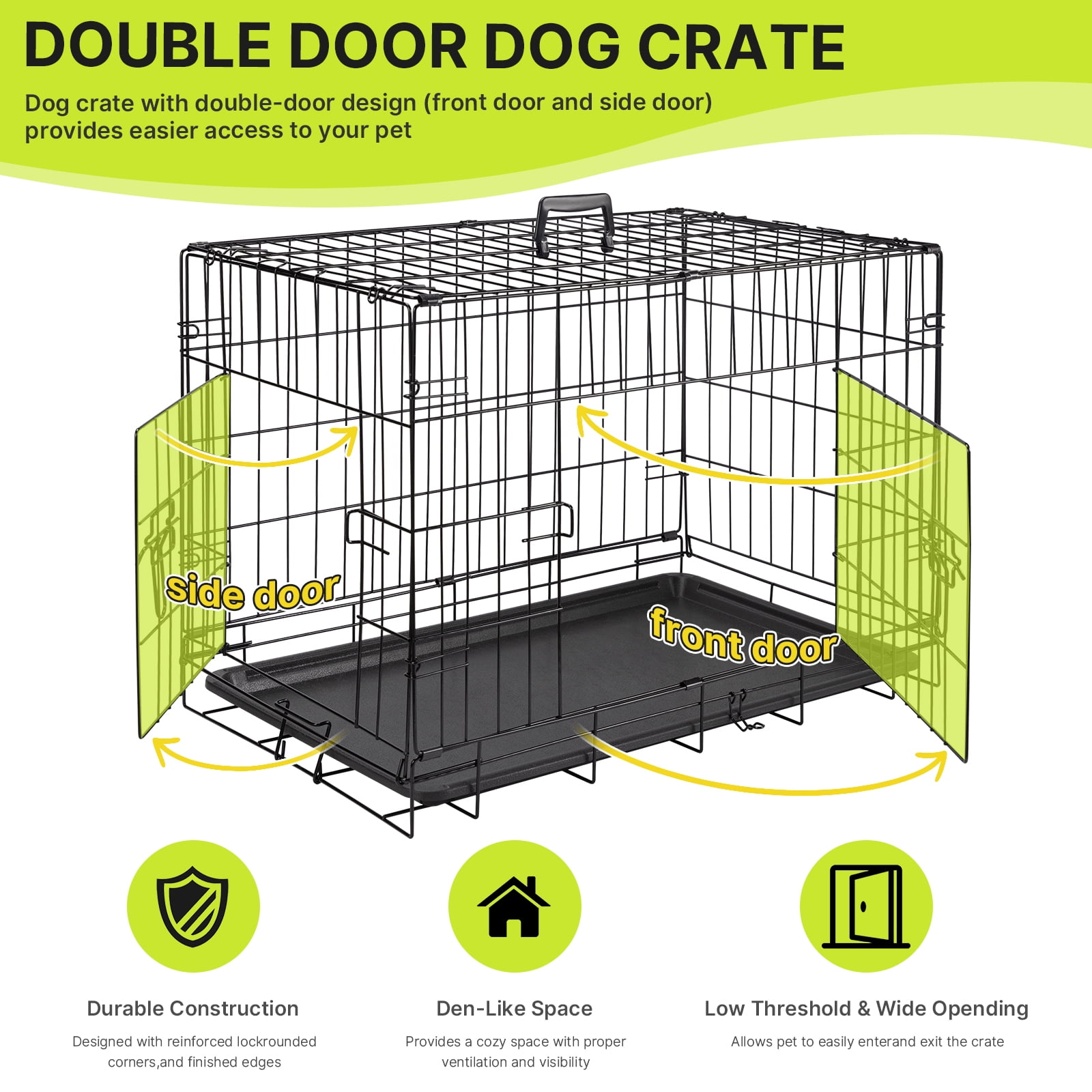 Zephypaws 30" Foldable Dog Crate for Small to Medium Dogs, Double Door Metal Wire Pet Cage Kennel with Plastic Leak-Proof Pan Tray