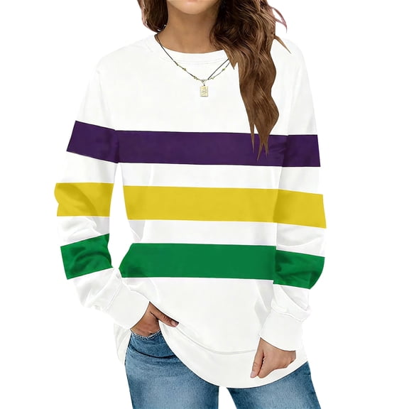 MOUSYA Womens Mardi Gras Shirt Stripes Fat Tuesday Tee Shirt New Orleans Carnival Party Long Sleeve Shirts Top